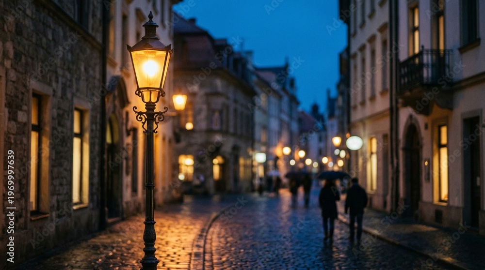 Fototapeta premium Cobblestone Street at Dusk with Gas Lamp Light and Silhouettes of People Walking