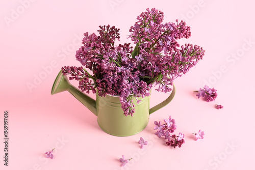 Watering can with lilac twi...