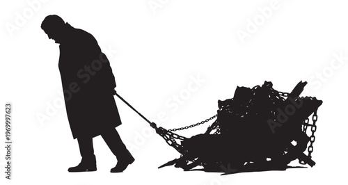 Emotion Weight Silhouette vector illustration captures a stoic man pulling an entangled, heavy, abstract burden with chains, representing a journey of immense struggle, perseverance.