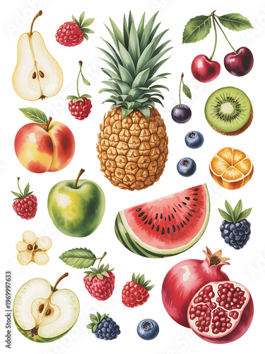 watercolor fruit collection set, hand painted fresh fruits illustration, colorful botanical fruit clipart set