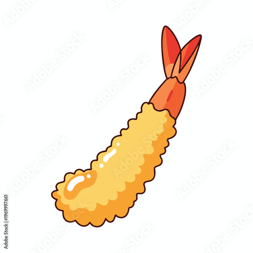 Cartoon illustration of a golden-brown tempura shrimp with a red tail