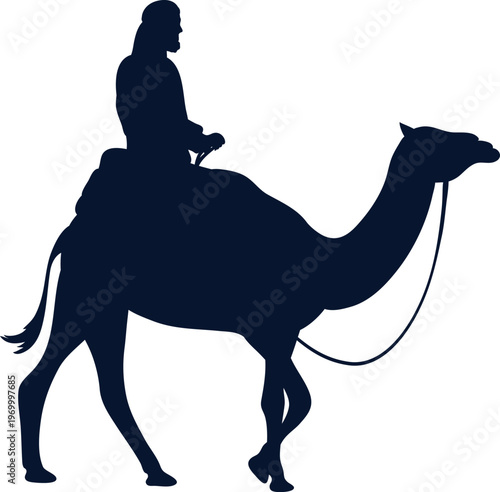 Silhouette of a camel rider a desert journey in dark blue tones