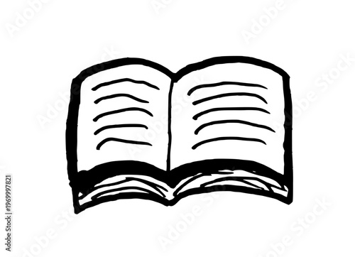 Hand-drawn open book. Black doodle style hand drawn object. Simple isolated outline.