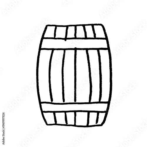 Hand-drawn wooden barrel for beer or wine. Black doodle style hand drawn object. Simple isolated outline.
