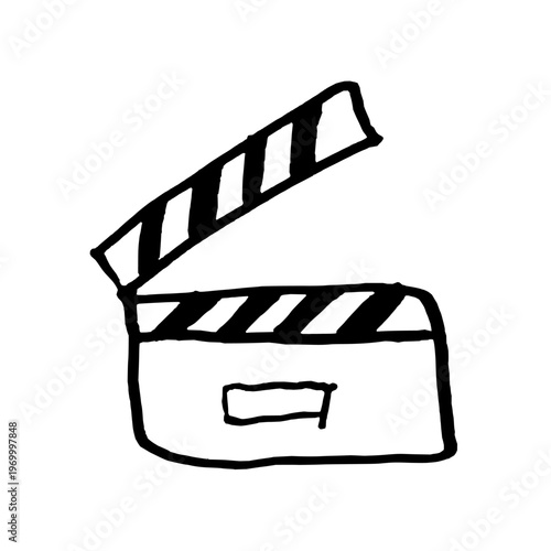 Clapper board for film making freehand vector sketch. Black doodle style hand-drawn object. Simple isolated movie studio clapperboard outline.