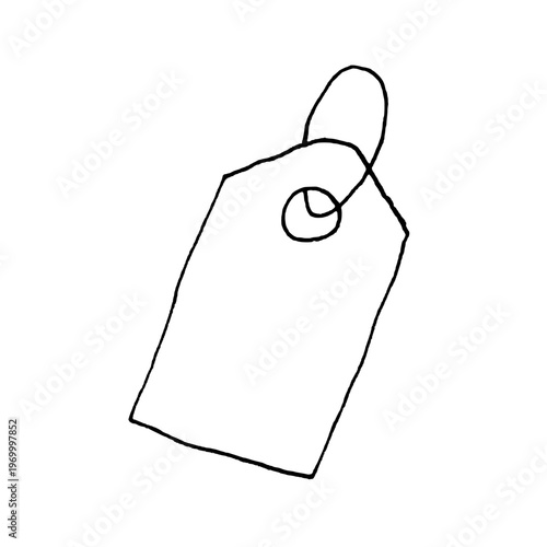 Paper label with string, hand drawn vector sketch. Black doodle style hand-drawn object. Simple isolated price tag outline.