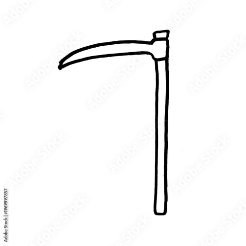 Scythe doodle vector sketch. Black doodle style hand-drawn object. Simple isolated outline.