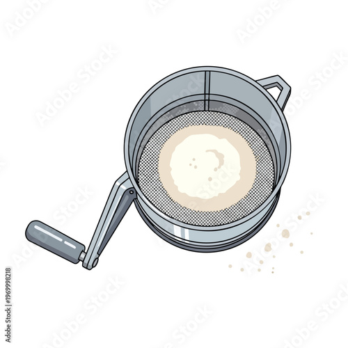 A silver crank sifter with powder inside, resting on a white background