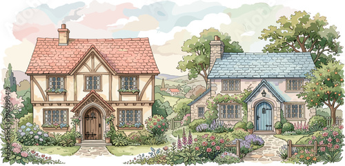 Charming English Cottages and Gardens A Picturesque Rural Landscape Illustration