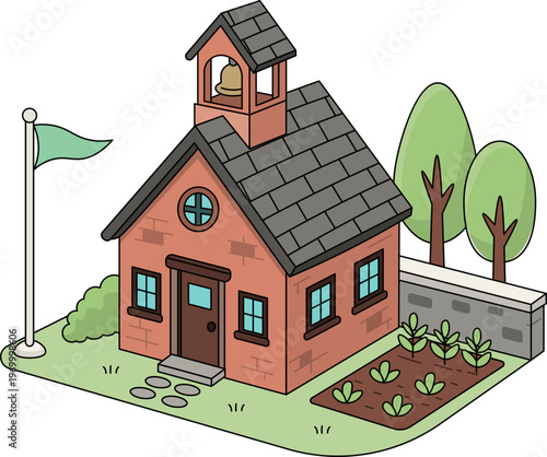 Isometric Cartoon School Building with Garden and Flag icon outline