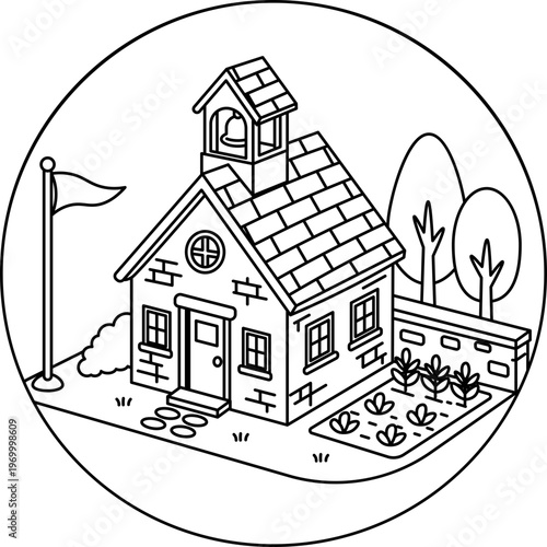 Isometric Cartoon School Building with Garden and Flag icon outline