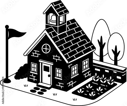 Isometric Cartoon School Building with Garden and Flag icon