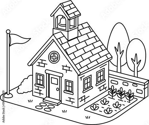 Isometric Cartoon School Building with Garden and Flag icon outline