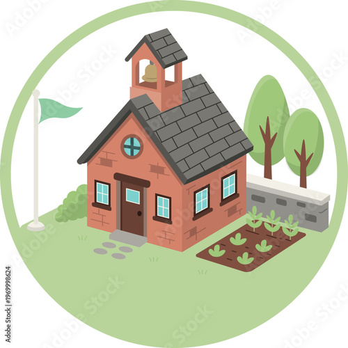 Isometric Cartoon School Building with Garden and Flag icon outline