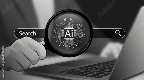 Business professional using AI search technology on laptop for data analysis and innovation