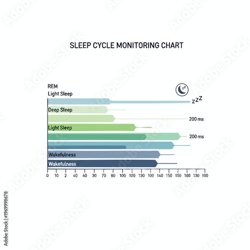A chart displays sleep cycle monitoring with bars representing REM, light, and deep sleep