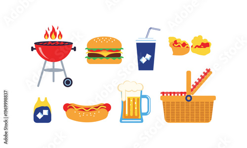 Colorful icons representing a variety of barbecue and picnic essentials