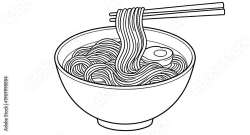 noodles, ramen, pasta, food, bowl, soup, asian, dish, meal, hot, steam, tasty, lunch, dinner, cooking, kitchen, restaurant, cafe, takeaway, broth, flavor, eat, lineart, outline, sketch, drawing, illus