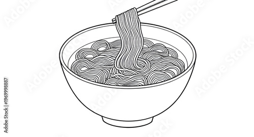 noodles, ramen, pasta, food, bowl, soup, asian, dish, meal, hot, steam, tasty, lunch, dinner, cooking, kitchen, restaurant, cafe, takeaway, broth, flavor, eat, lineart, outline, sketch, drawing, illus