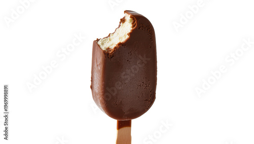 Foto Chocolate covered ice cream bar, partially eaten with creamy filling on wooden s