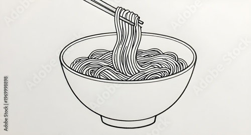 line drawing of noodles in bowl isolated on white background for food design concept, noodle bowl line art illustration for asian cuisine and restaurant design projects, ramen bowl line drawing illust