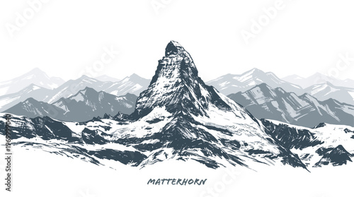 A striking, detailed sketch of the iconic Matterhorn mountain, showcasing its majestic peak and surrounding snowy alpine landscape.