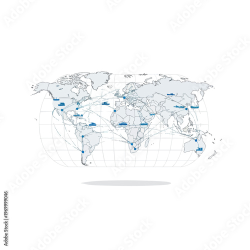World map with shipping routes and vessels connecting major continents and cities