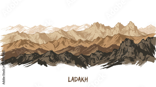 A stunning watercolor illustration of the majestic, layered mountain ranges of Ladakh, India, with a dramatic, arid landscape.