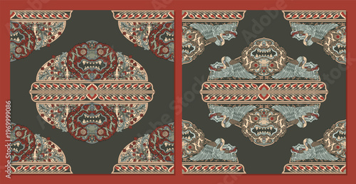 Vintage Medieval Floral Design with Mythical Asian Creatures - Card Template, Scarf, Rug