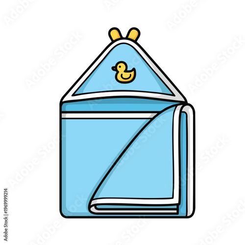 Blue hooded towel with a yellow duckling icon and ear-like accents