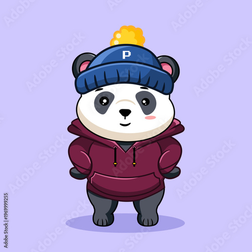 Cute Cartoon Panda Wearing Beanie and Hoodie Vector Illustration Kawaii Animal