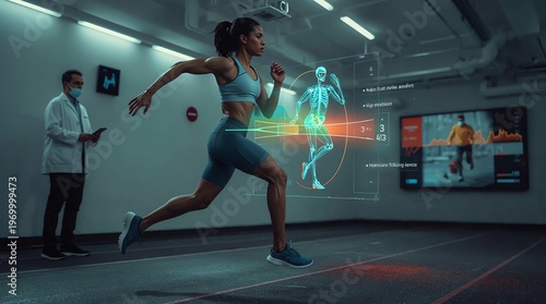 Athlete Running on a treadmill with futuristic augmented reality analysis in a high tech lab