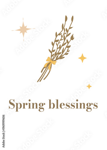 Greeting card with willow branches bouquet and "Spring blessings" quote