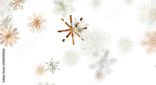 Abstract floral snowflakes floating on a pristine white background. Great for winter, holiday, and a