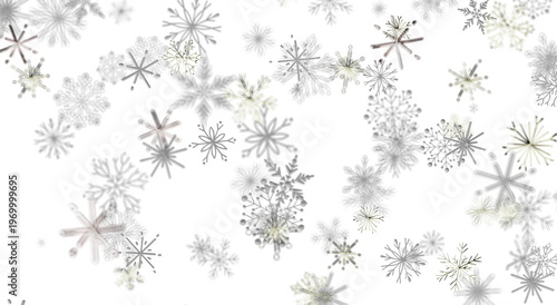 Falling snowflakes on a white backdrop, perfect for winter holiday greeting cards and festive desig