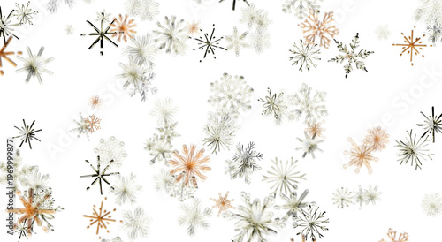 Decorative snowflakes floating on a white backdrop, perfect for winter and holiday designs.