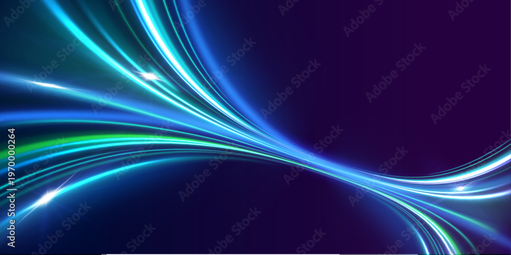 Fototapeta premium Light trails curve along a glowing futuristic road. Motion blur enhances speed and dynamic energy. Perfect for tech and racing themed designs.
