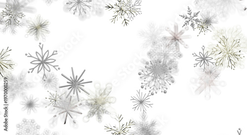 Abstract white winter background with multiple snowflakes floating down, festive and elegant design