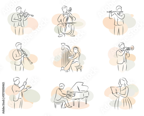 Classical musicians minimalist line art in pastel hues collection,hand drawing isolated background
