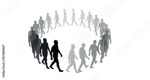 Time Loop Walking Silhouette vector graphic illustration presents a bold black silhouette distinctly walking among many faded grey human figures arranged in a continuous circular pattern.