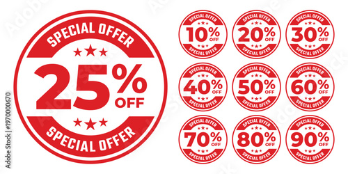 Collection of red discount labels with percentage off offers