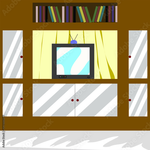 Living Room Shelf with Television and Books Flat Design