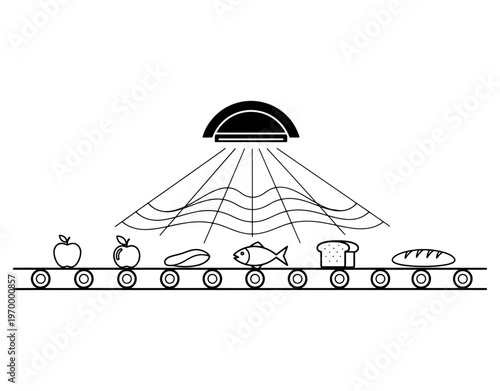 Automated food quality control system scanning fresh products on a conveyor belt using laser or infrared technology, smart factory food processing line art illustration.