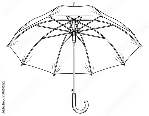 Minimalist open umbrella line art illustration, black and white sketch of a classic parasol with handle, waterproof accessory design for rainy weather and sun protection concept.