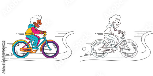 Happy Young Boy Riding Bicycle Cartoon Illustration with Coloring Book Page Version for Kids Activity, Vector Outline and Colored Design for Education, Sports and Leisure