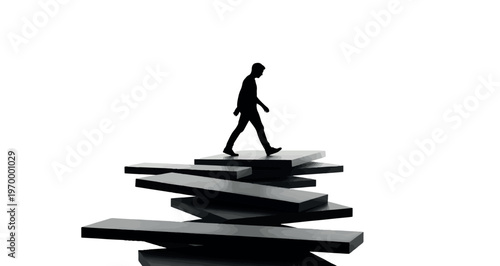  Dream Walker Silhouette vector graphic illustration featuring a determined human silhouette walking across a challenging, uneven pathway constructed from abstract, stacked blocks.