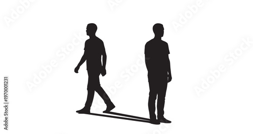 Shadow Separation Silhouette vector graphic illustration featuring two male silhouettes standing and walking in opposite directions to represent psychological conflict.