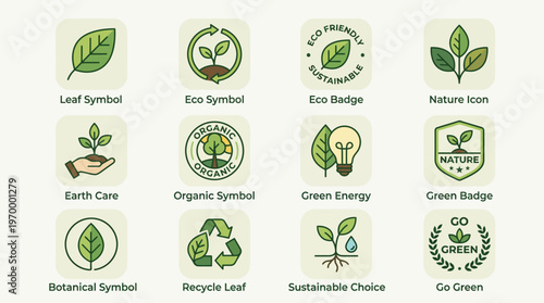 Diverse Collection of Green Eco-Friendly Icons and Nature-Inspired Symbols for Sustainability and Environmental Conservation Projects