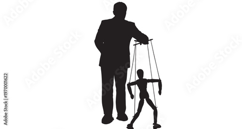 Puppet Master Silhouette vector illustration of a large human silhouette manipulating a small marionette puppet with strings, symbolizing control, power, and influence over others in a stark.