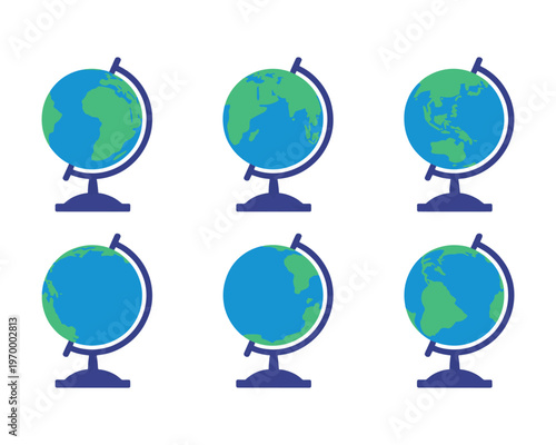 Set of 6 Vector Earth Globe Icons with Blue Stands in Different Angles
